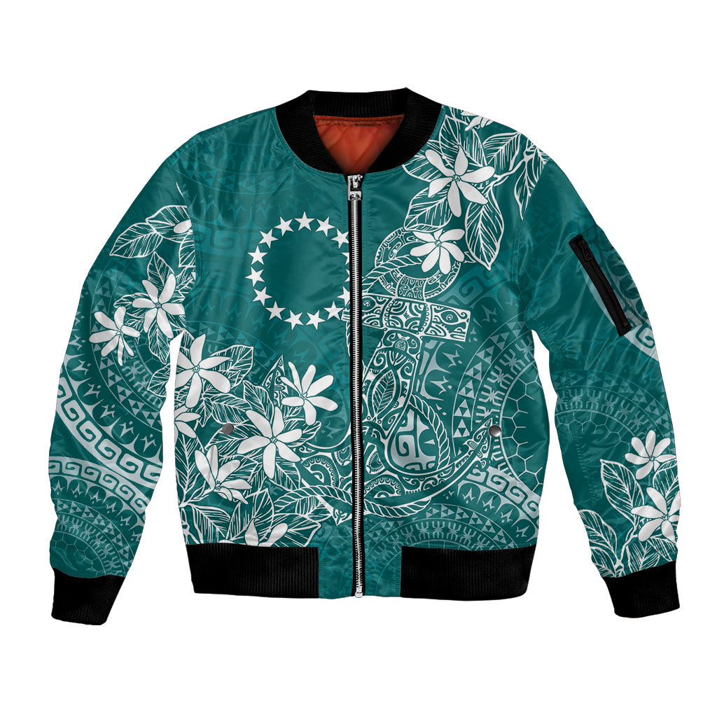 Teal Kuki Airani Tapakau Sleeve Zip Bomber Jacket Tribal Anchor Mix Tiare