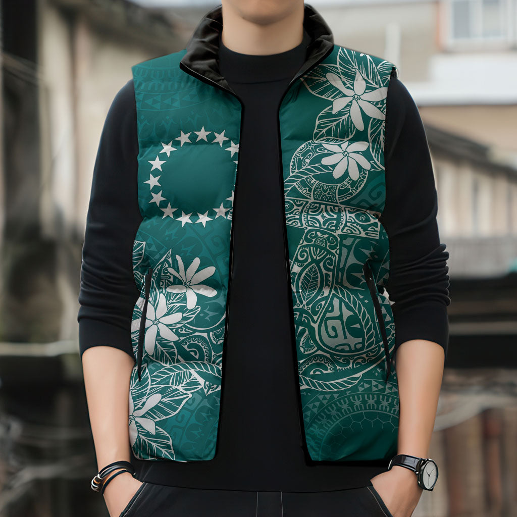 Teal Kuki Airani Tapakau Sleeveless Puffer Jacket Tribal Anchor Mix Tiare