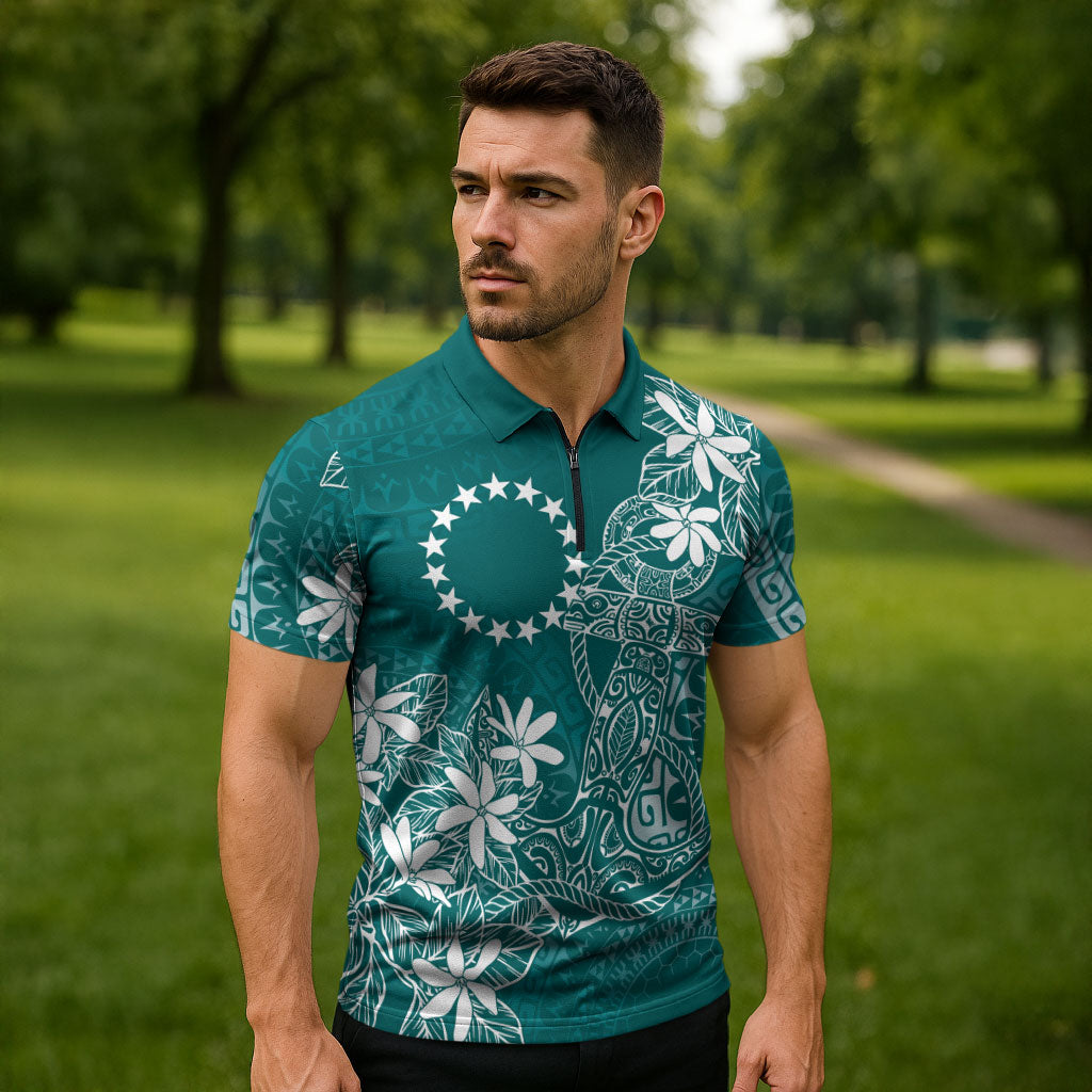 Teal Kuki Airani Tapakau Zipper Polo Shirt Tribal Anchor Mix Tiare
