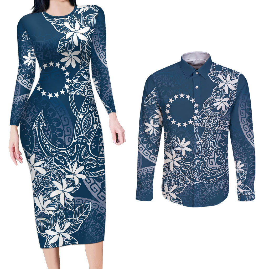 Navy Kuki Airani Tapakau Couples Matching Long Sleeve Bodycon Dress and Long Sleeve Button Shirt Tribal Anchor Mix Tiare LT7 Navy - Polynesian Pride