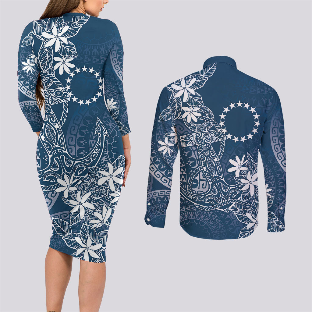 Navy Kuki Airani Tapakau Couples Matching Long Sleeve Bodycon Dress and Long Sleeve Button Shirt Tribal Anchor Mix Tiare LT7 - Polynesian Pride
