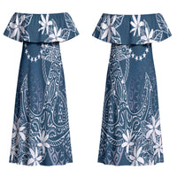 Navy Kuki Airani Tapakau Couples Matching Off Shoulder Maxi Dress and Long Sleeve Button Shirt Tribal Anchor Mix Tiare LT7 - Polynesian Pride