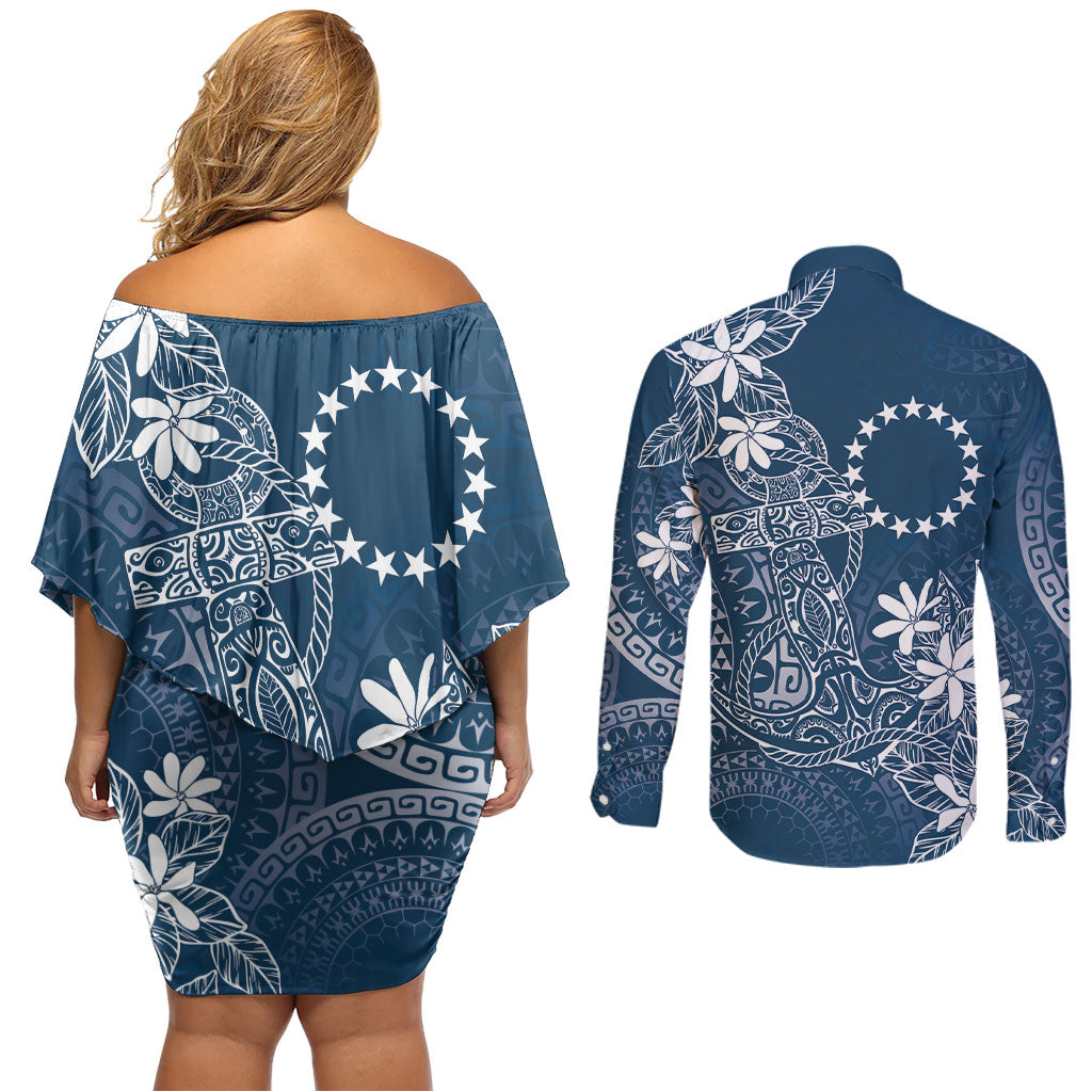 Navy Kuki Airani Tapakau Couples Matching Off Shoulder Short Dress and Long Sleeve Button Shirt Tribal Anchor Mix Tiare