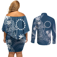 Navy Kuki Airani Tapakau Couples Matching Off Shoulder Short Dress and Long Sleeve Button Shirt Tribal Anchor Mix Tiare
