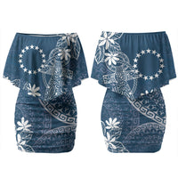 Navy Kuki Airani Tapakau Couples Matching Off Shoulder Short Dress and Long Sleeve Button Shirt Tribal Anchor Mix Tiare LT7 - Polynesian Pride