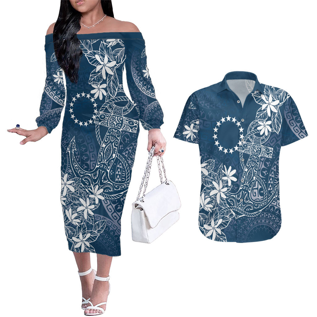 Navy Kuki Airani Tapakau Couples Matching Off The Shoulder Long Sleeve Dress and Hawaiian Shirt Tribal Anchor Mix Tiare LT7 Navy - Polynesian Pride