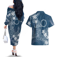 Navy Kuki Airani Tapakau Couples Matching Off The Shoulder Long Sleeve Dress and Hawaiian Shirt Tribal Anchor Mix Tiare LT7 - Polynesian Pride