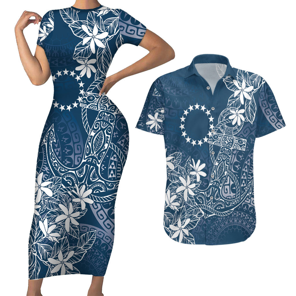 Navy Kuki Airani Tapakau Couples Matching Short Sleeve Bodycon Dress and Hawaiian Shirt Tribal Anchor Mix Tiare LT7 Navy - Polynesian Pride