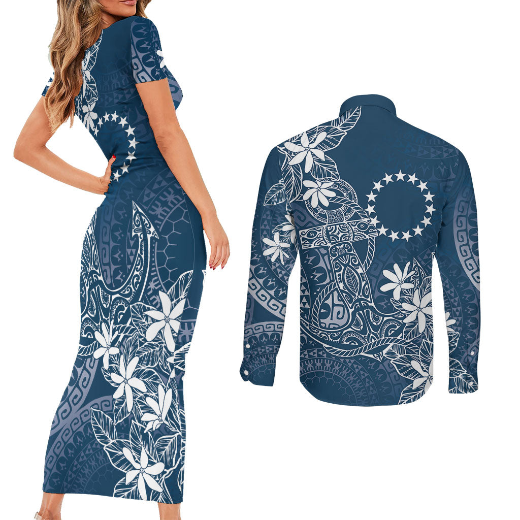 Navy Kuki Airani Tapakau Couples Matching Short Sleeve Bodycon Dress and Long Sleeve Button Shirt Tribal Anchor Mix Tiare LT7 - Polynesian Pride