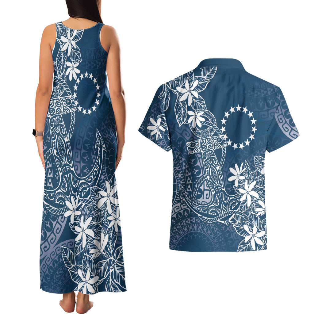 Navy Kuki Airani Tapakau Couples Matching Tank Maxi Dress and Hawaiian Shirt Tribal Anchor Mix Tiare LT7 - Polynesian Pride
