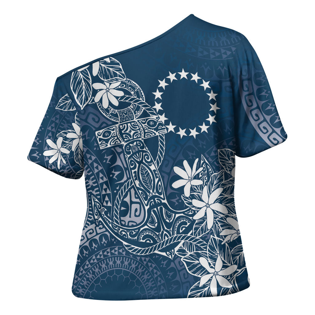 Navy Kuki Airani Tapakau Cross Shoulder Shirt Tribal Anchor Mix Tiare