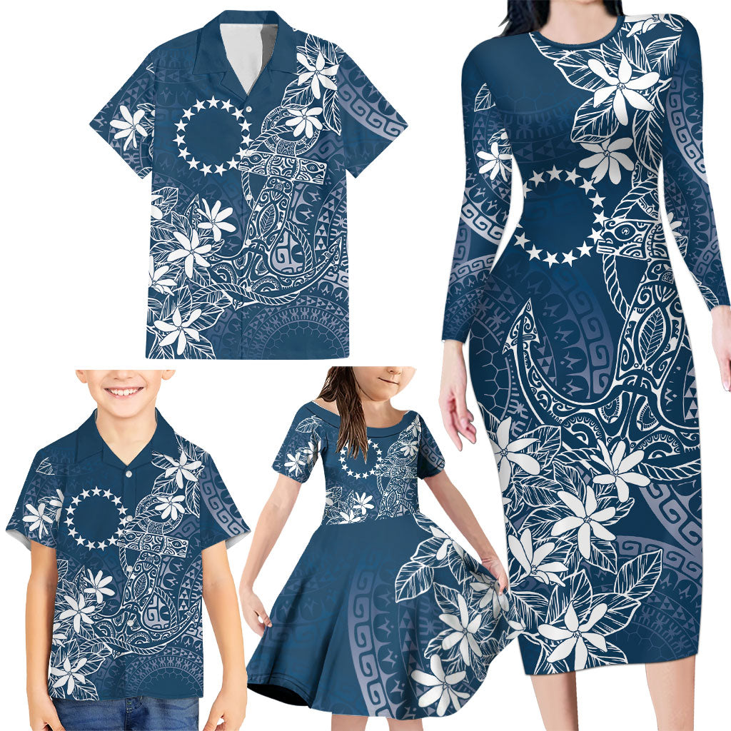 Navy Kuki Airani Tapakau Family Matching Long Sleeve Bodycon Dress and Hawaiian Shirt Tribal Anchor Mix Tiare LT7 - Polynesian Pride