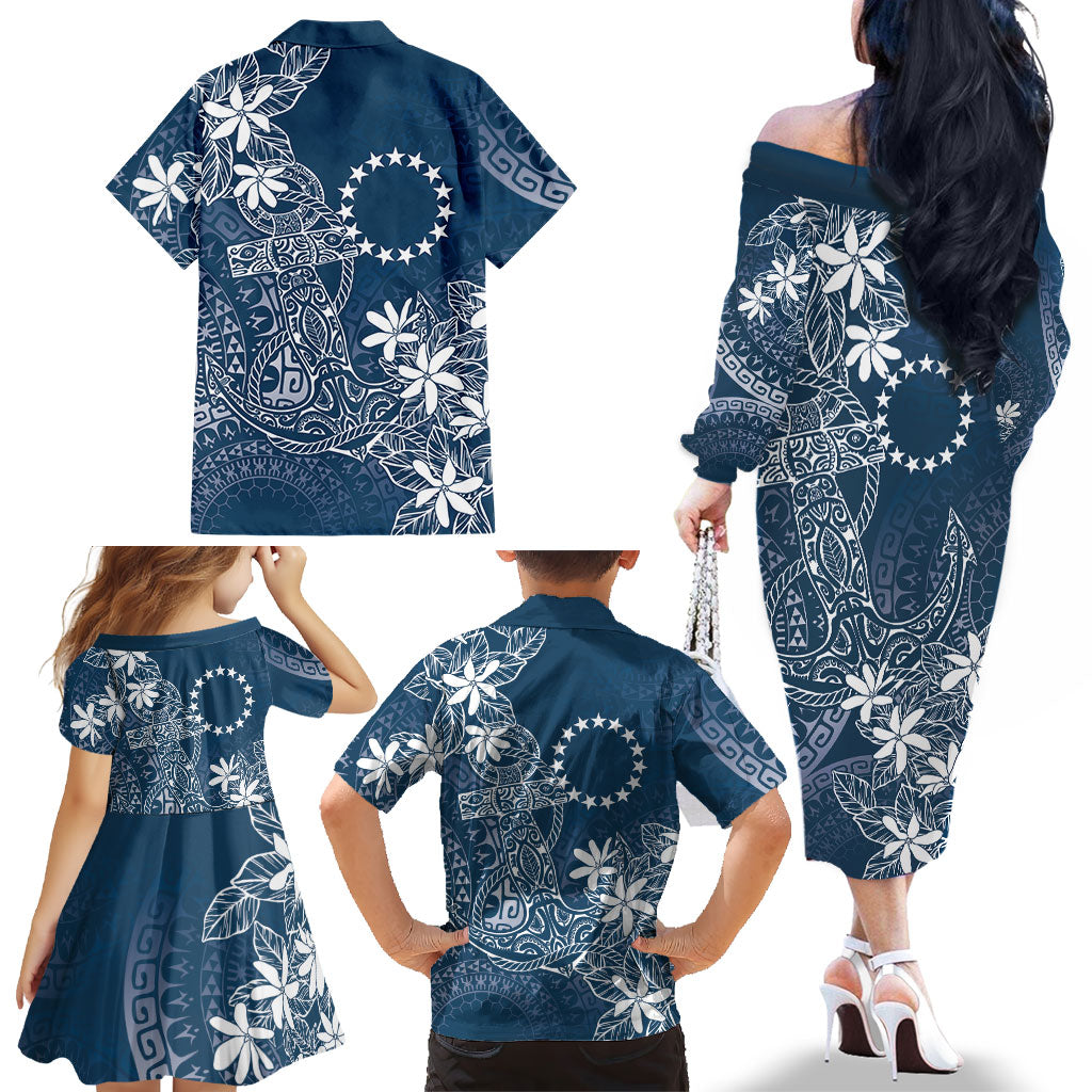 Navy Kuki Airani Tapakau Family Matching Off The Shoulder Long Sleeve Dress and Hawaiian Shirt Tribal Anchor Mix Tiare LT7 - Polynesian Pride