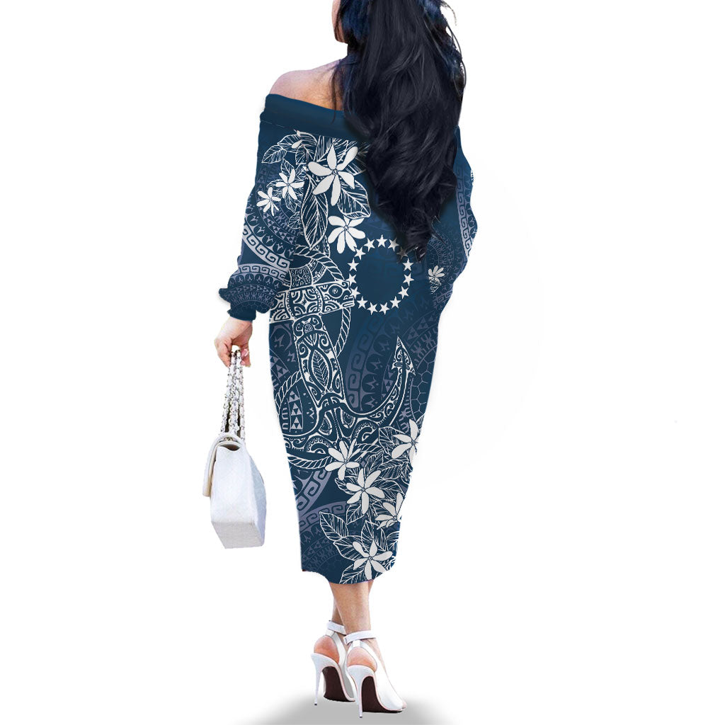 Navy Kuki Airani Tapakau Family Matching Off The Shoulder Long Sleeve Dress and Hawaiian Shirt Tribal Anchor Mix Tiare LT7 - Polynesian Pride