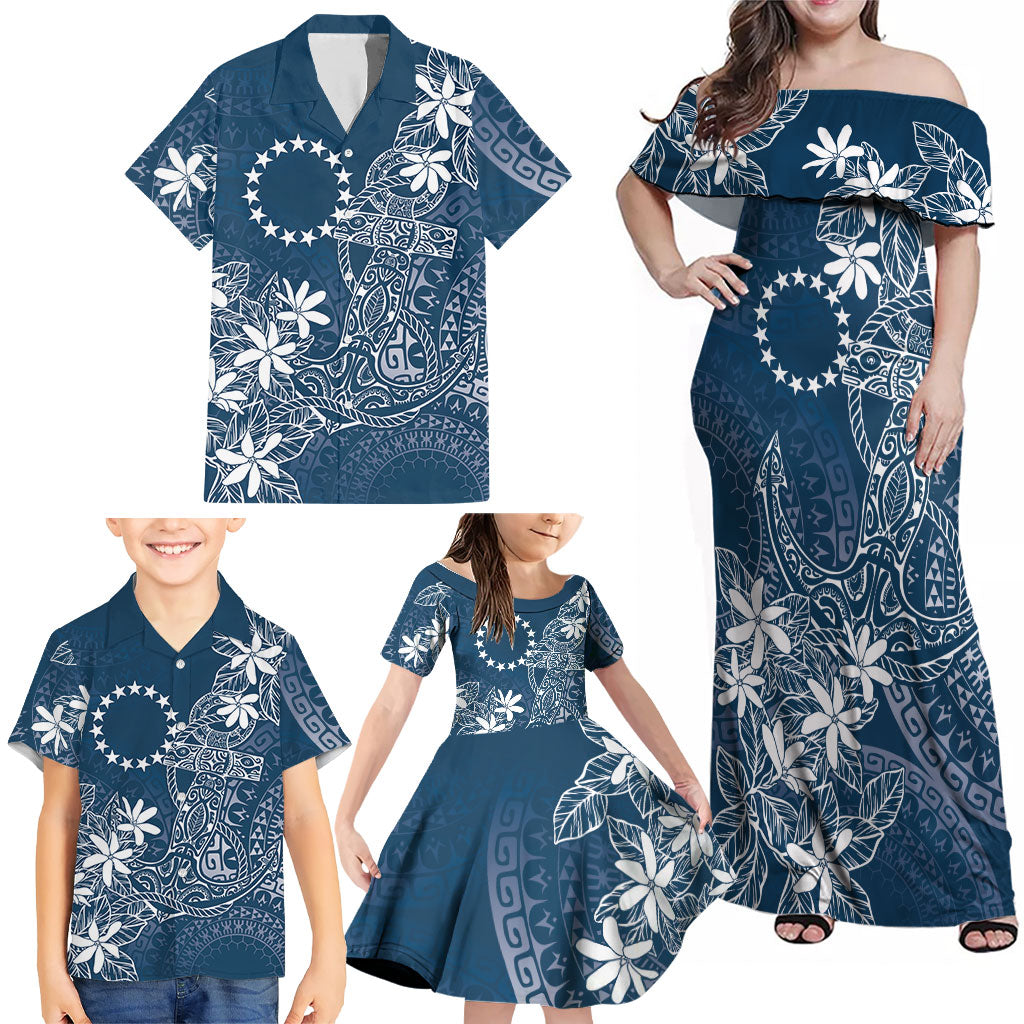 Navy Kuki Airani Tapakau Family Matching Off Shoulder Maxi Dress and Hawaiian Shirt Tribal Anchor Mix Tiare