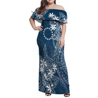 Navy Kuki Airani Tapakau Family Matching Off Shoulder Maxi Dress and Hawaiian Shirt Tribal Anchor Mix Tiare LT7 Mom's Dress Navy - Polynesian Pride