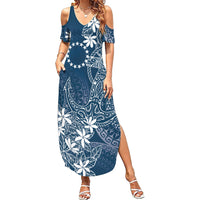 Navy Kuki Airani Tapakau Family Matching Summer Maxi Dress and Hawaiian Shirt Tribal Anchor Mix Tiare LT7 Mom's Dress Navy - Polynesian Pride