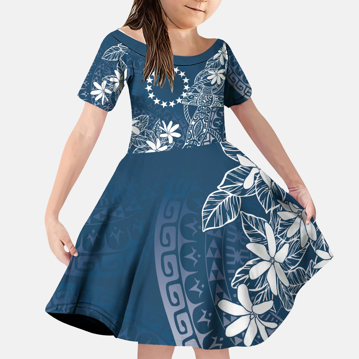 Navy Kuki Airani Tapakau Kid Short Sleeve Dress Tribal Anchor Mix Tiare