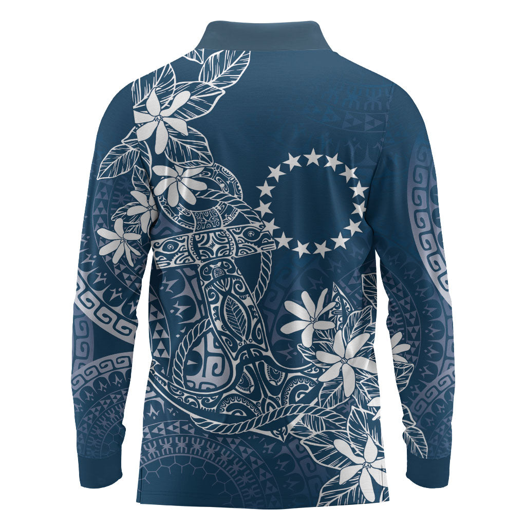 Navy Kuki Airani Tapakau Long Sleeve Polo Shirt Tribal Anchor Mix Tiare