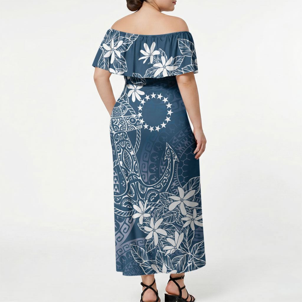 Navy Kuki Airani Tapakau Off Shoulder Maxi Dress Tribal Anchor Mix Tiare LT7 - Polynesian Pride