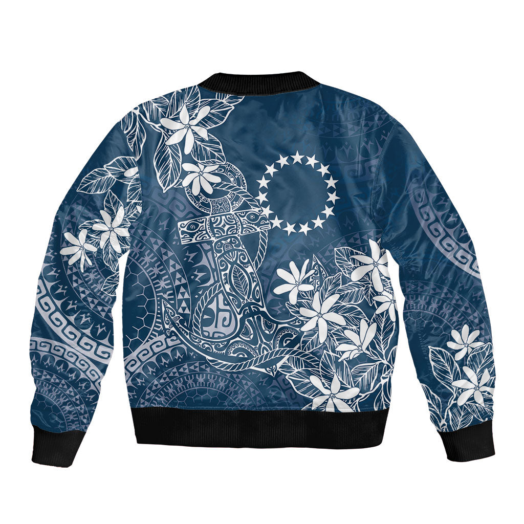 Navy Kuki Airani Tapakau Sleeve Zip Bomber Jacket Tribal Anchor Mix Tiare