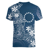Navy Kuki Airani Tapakau Women V-Neck T-Shirt Tribal Anchor Mix Tiare