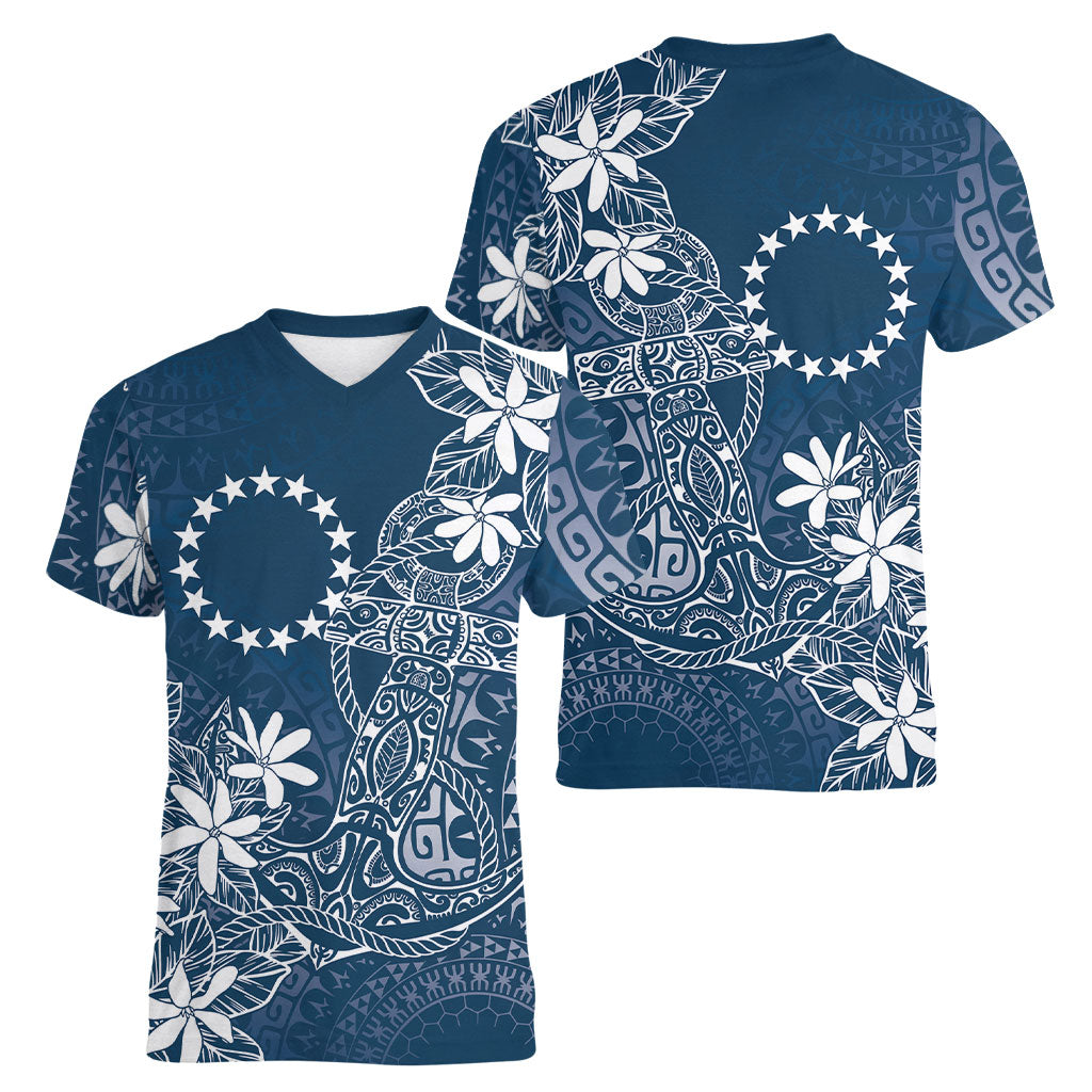 Navy Kuki Airani Tapakau Women V-Neck T-Shirt Tribal Anchor Mix Tiare