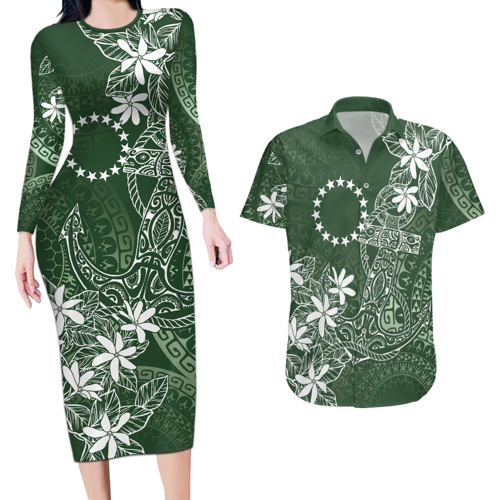 Sage Green Kuki Airani Tapakau Couples Matching Long Sleeve Bodycon Dress and Hawaiian Shirt Tribal Anchor Mix Tiare LT7 Sage Green - Polynesian Pride