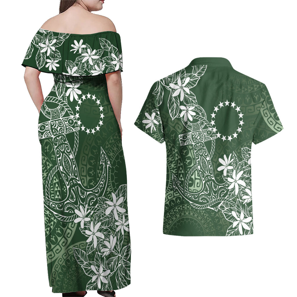Sage Green Kuki Airani Tapakau Couples Matching Off Shoulder Maxi Dress and Hawaiian Shirt Tribal Anchor Mix Tiare LT7 - Polynesian Pride
