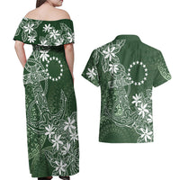 Sage Green Kuki Airani Tapakau Couples Matching Off Shoulder Maxi Dress and Hawaiian Shirt Tribal Anchor Mix Tiare LT7 - Polynesian Pride