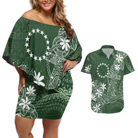 Sage Green Kuki Airani Tapakau Couples Matching Off Shoulder Short Dress and Hawaiian Shirt Tribal Anchor Mix Tiare LT7 Sage Green - Polynesian Pride