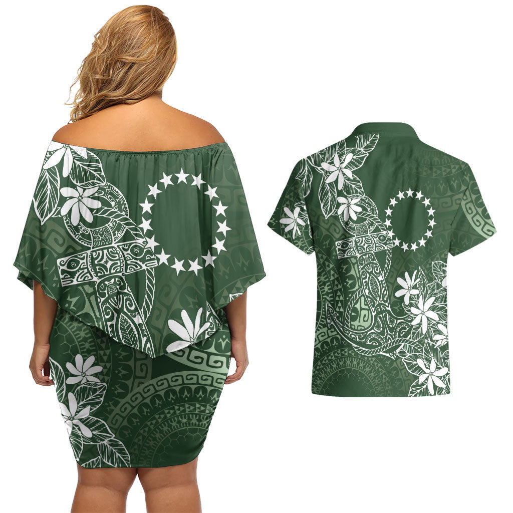 Sage Green Kuki Airani Tapakau Couples Matching Off Shoulder Short Dress and Hawaiian Shirt Tribal Anchor Mix Tiare LT7 - Polynesian Pride