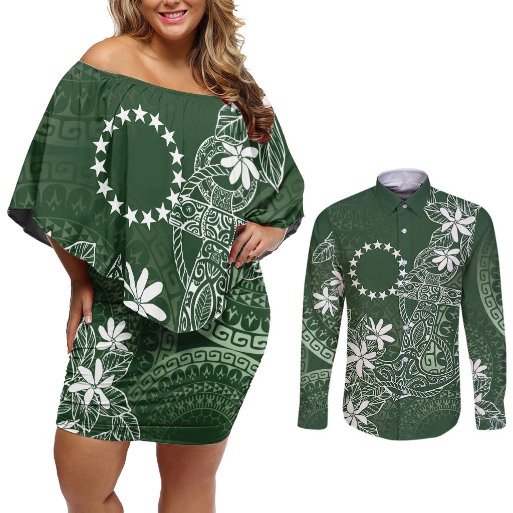 Sage Green Kuki Airani Tapakau Couples Matching Off Shoulder Short Dress and Long Sleeve Button Shirt Tribal Anchor Mix Tiare LT7 Sage Green - Polynesian Pride
