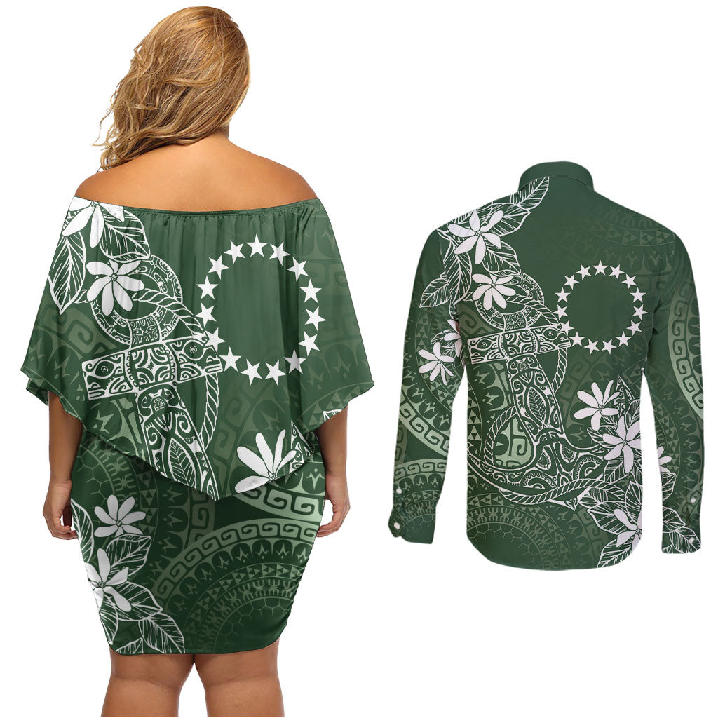 Sage Green Kuki Airani Tapakau Couples Matching Off Shoulder Short Dress and Long Sleeve Button Shirt Tribal Anchor Mix Tiare LT7 - Polynesian Pride