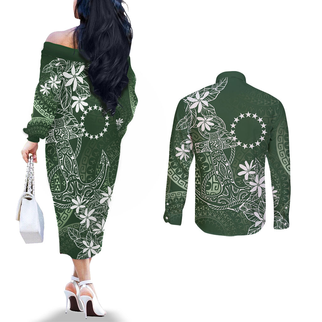 Sage Green Kuki Airani Tapakau Couples Matching Off The Shoulder Long Sleeve Dress and Long Sleeve Button Shirt Tribal Anchor Mix Tiare LT7 - Polynesian Pride