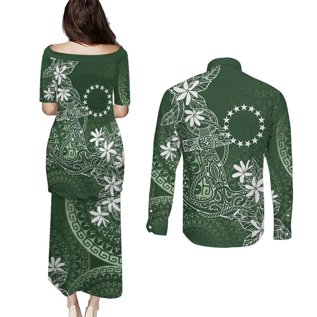Sage Green Kuki Airani Tapakau Couples Matching Puletasi and Long Sleeve Button Shirt Tribal Anchor Mix Tiare