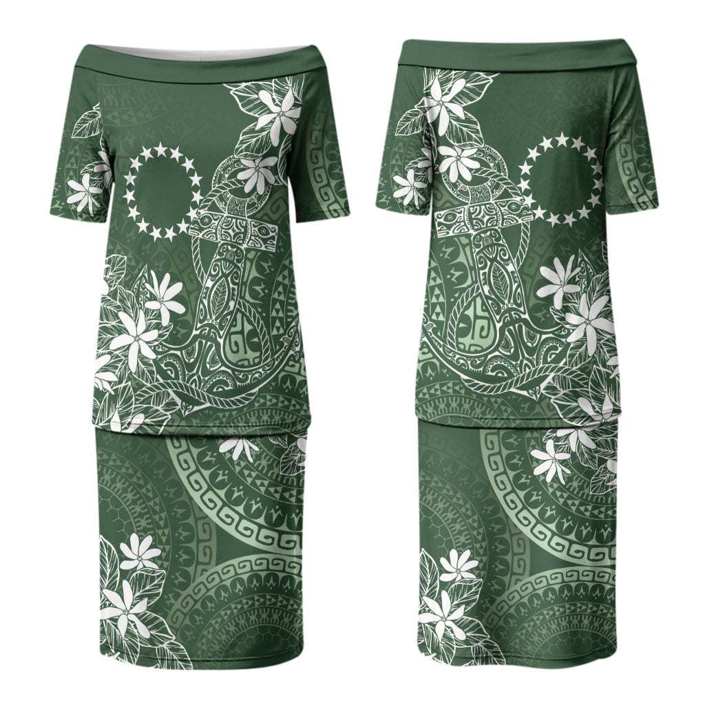 Sage Green Kuki Airani Tapakau Couples Matching Puletasi and Long Sleeve Button Shirt Tribal Anchor Mix Tiare LT7 - Polynesian Pride