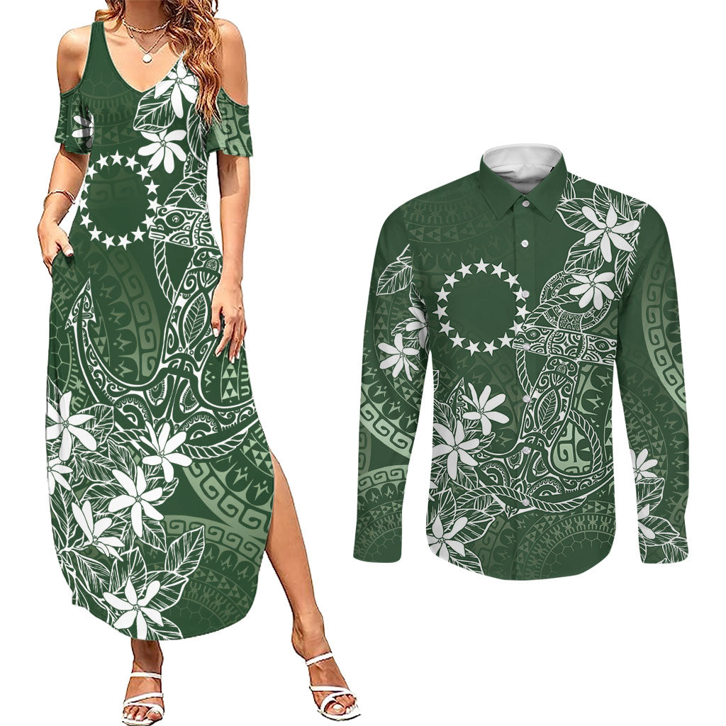 Sage Green Kuki Airani Tapakau Couples Matching Summer Maxi Dress and Long Sleeve Button Shirt Tribal Anchor Mix Tiare LT7 Sage Green - Polynesian Pride