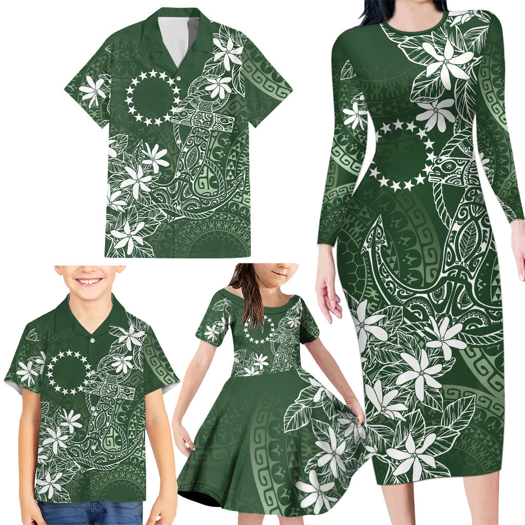 Sage Green Kuki Airani Tapakau Family Matching Long Sleeve Bodycon Dress and Hawaiian Shirt Tribal Anchor Mix Tiare LT7 - Polynesian Pride
