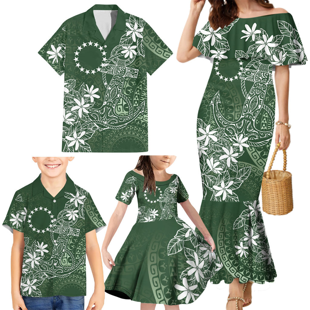 Sage Green Kuki Airani Tapakau Family Matching Mermaid Dress and Hawaiian Shirt Tribal Anchor Mix Tiare