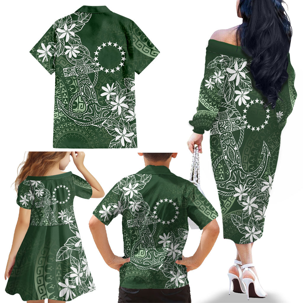 Sage Green Kuki Airani Tapakau Family Matching Off The Shoulder Long Sleeve Dress and Hawaiian Shirt Tribal Anchor Mix Tiare LT7 - Polynesian Pride