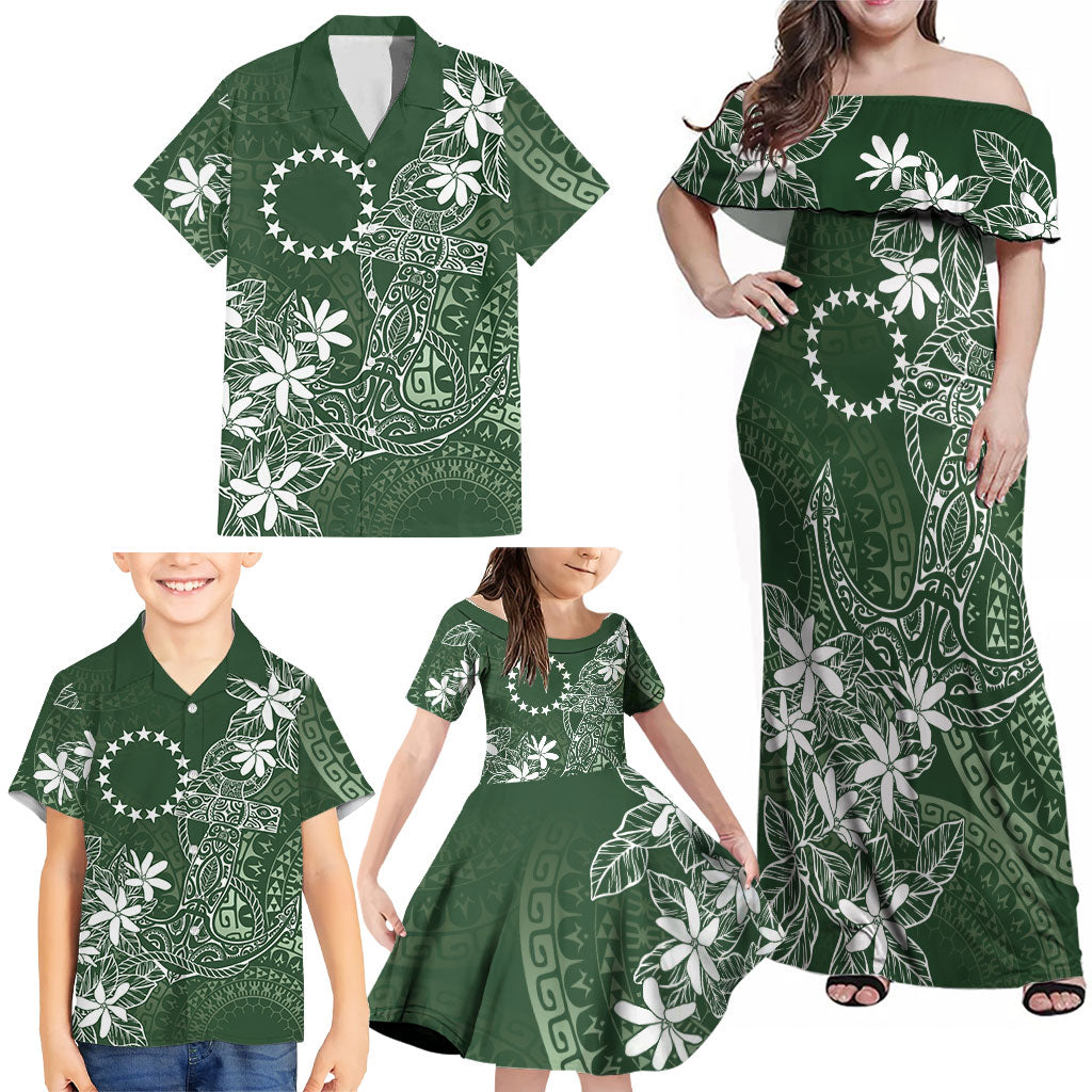 Sage Green Kuki Airani Tapakau Family Matching Off Shoulder Maxi Dress and Hawaiian Shirt Tribal Anchor Mix Tiare LT7 - Polynesian Pride