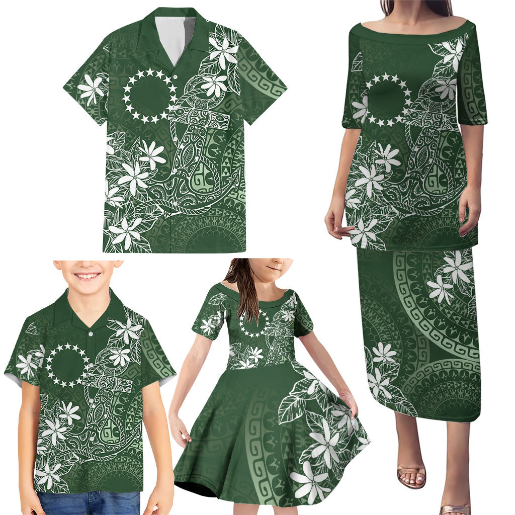 Sage Green Kuki Airani Tapakau Family Matching Puletasi and Hawaiian Shirt Tribal Anchor Mix Tiare