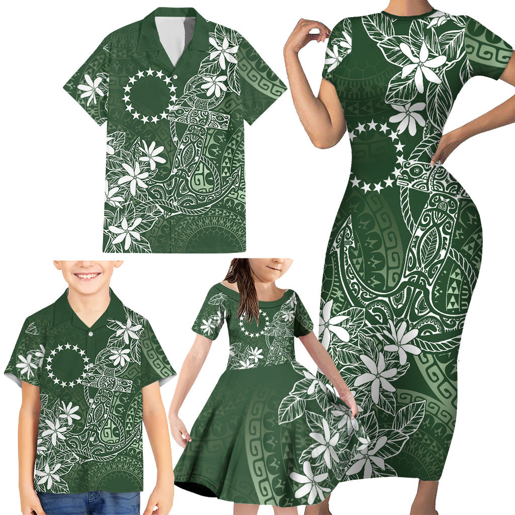 Sage Green Kuki Airani Tapakau Family Matching Short Sleeve Bodycon Dress and Hawaiian Shirt Tribal Anchor Mix Tiare