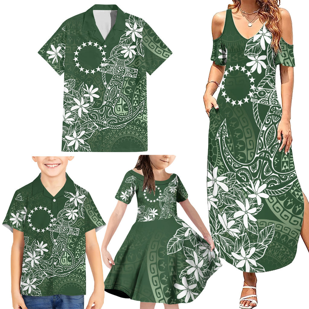 Sage Green Kuki Airani Tapakau Family Matching Summer Maxi Dress and Hawaiian Shirt Tribal Anchor Mix Tiare LT7 - Polynesian Pride