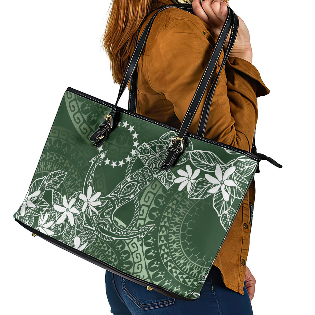 Sage Green Kuki Airani Tapakau Leather Tote Bag Tribal Anchor Mix Tiare