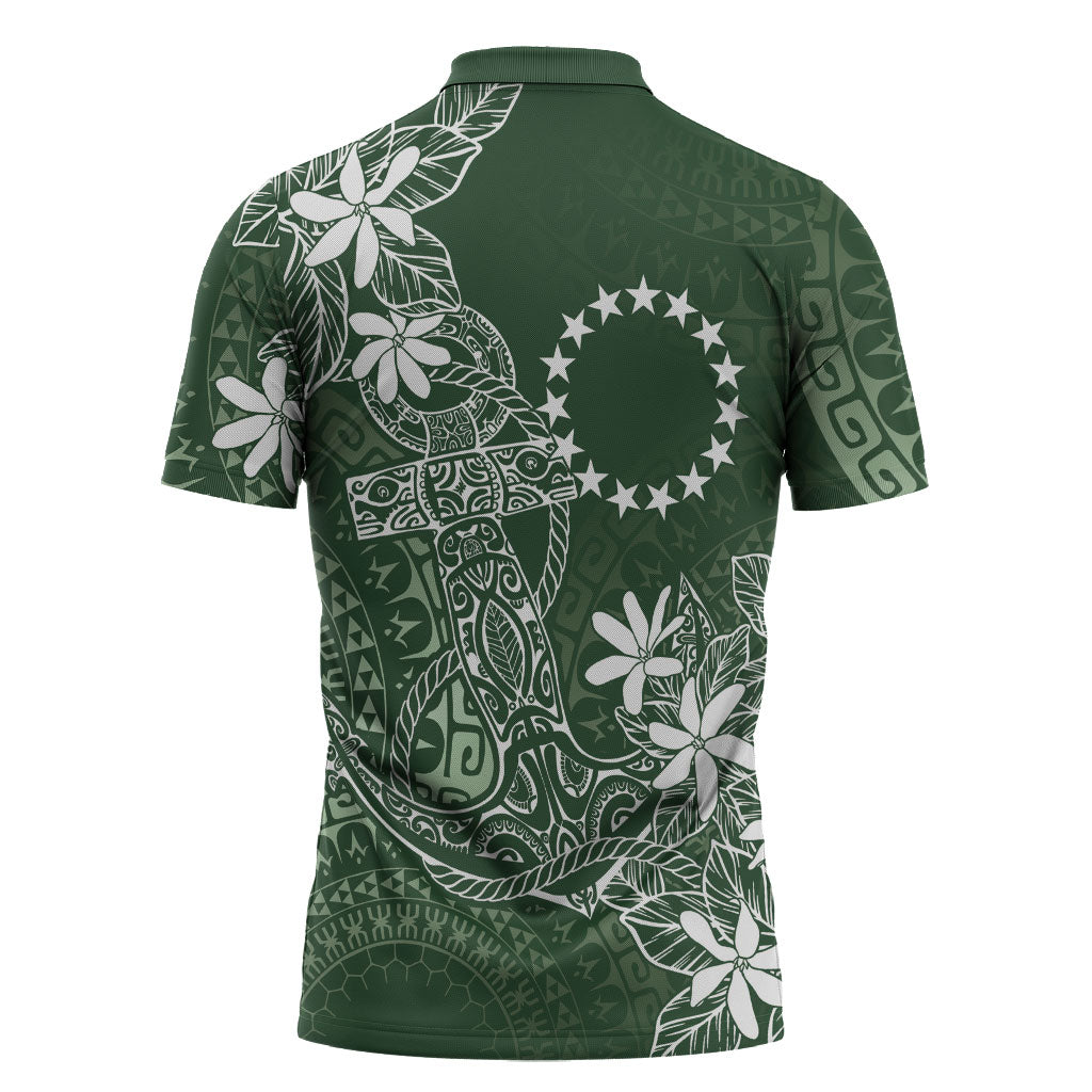 Sage Green Kuki Airani Tapakau Zipper Polo Shirt Tribal Anchor Mix Tiare