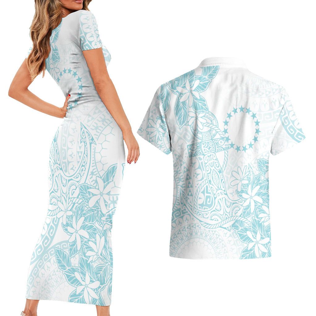 Turquoise Kuki Airani Tapakau Couples Matching Short Sleeve Bodycon Dress and Hawaiian Shirt Tribal Anchor Mix Tiare LT7 - Polynesian Pride