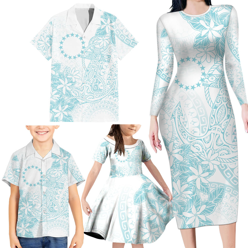 Turquoise Kuki Airani Tapakau Family Matching Long Sleeve Bodycon Dress and Hawaiian Shirt Tribal Anchor Mix Tiare