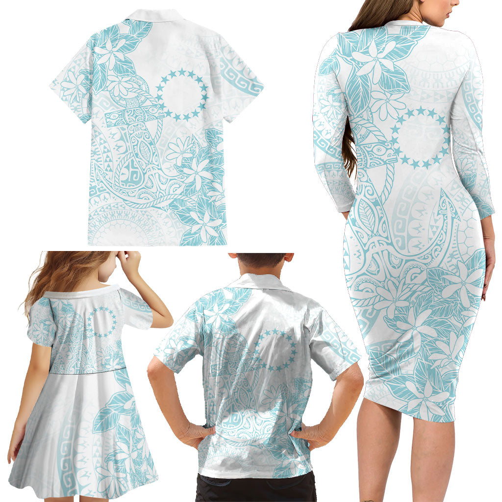 Turquoise Kuki Airani Tapakau Family Matching Long Sleeve Bodycon Dress and Hawaiian Shirt Tribal Anchor Mix Tiare LT7 - Polynesian Pride